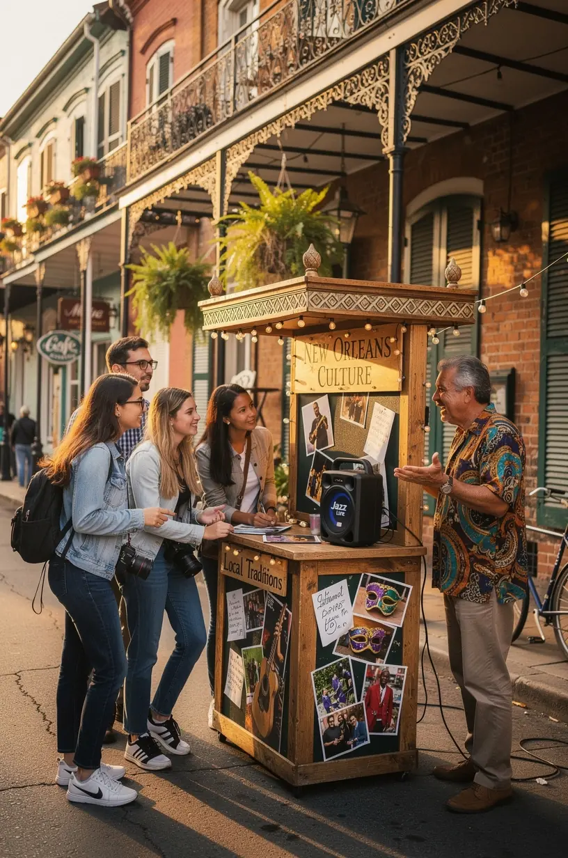 Турист читает информационный плакат о культурных особенностях США рядом с киоском перевода.