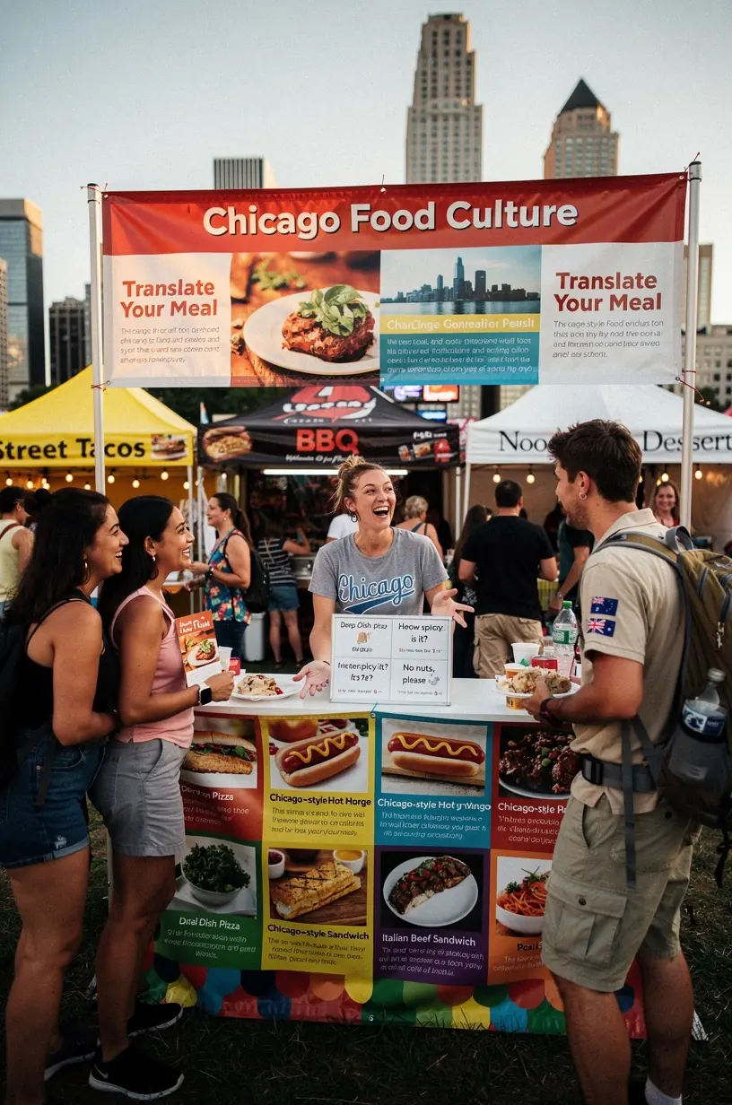 Киоск с информацией и переводом для международных туристов в США на фоне достопримечательностей.